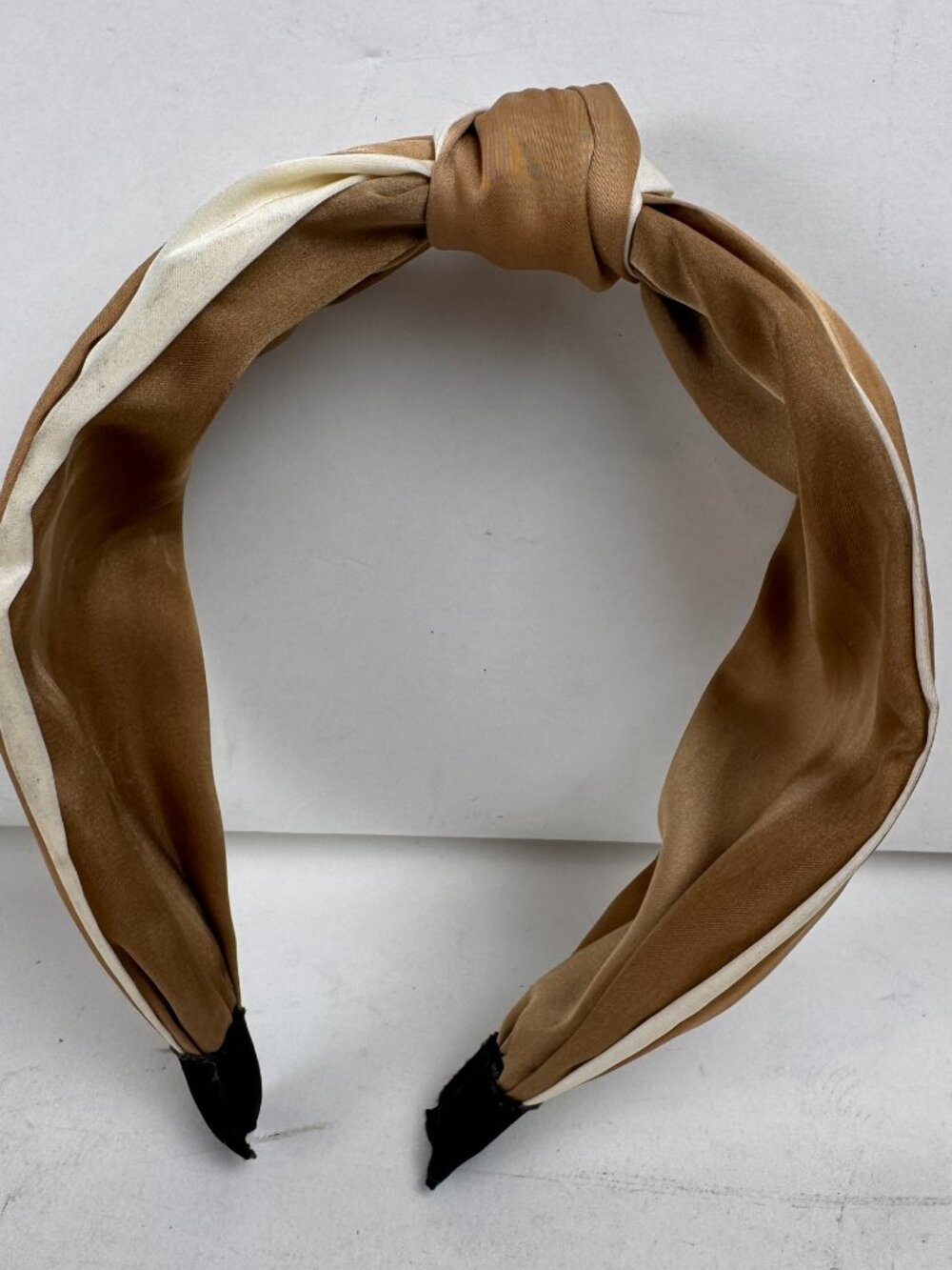 Satin Knotted Headband Tan Ivory Cream Striped Top Knot Wide Hair Band Casual